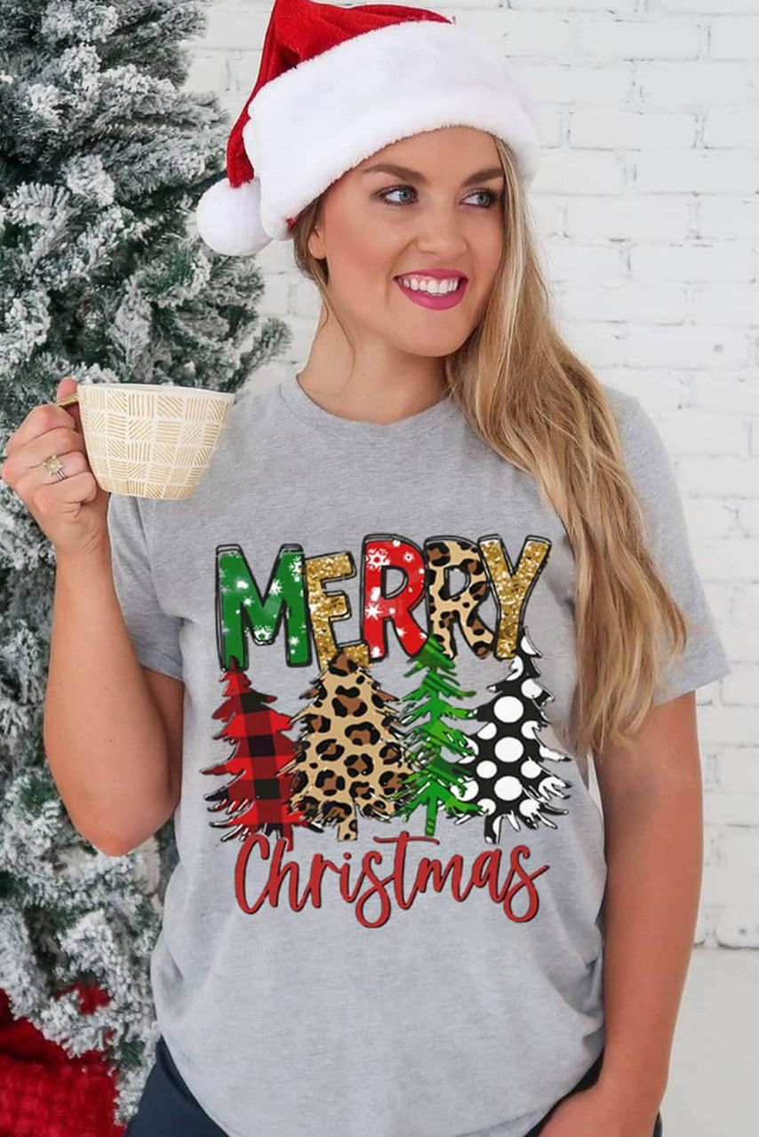 Gray Merry Christmas Tree Pattern Print Crew Neck Graphic Tee