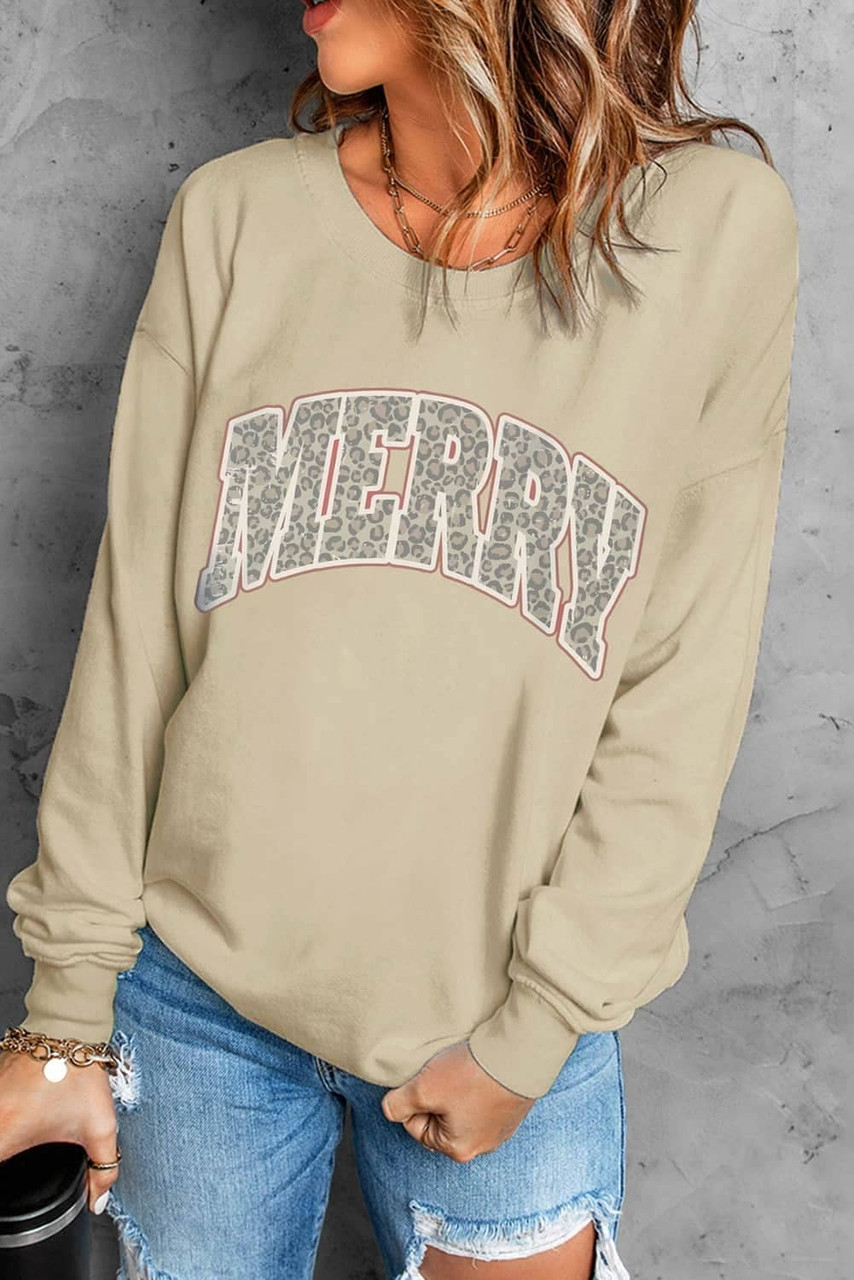 Khaki MERRY Leopard Print Long Sleeve Graphic Sweatshirt Khaki MERRY Leopard Print Long Sleeve Graphic Sweatshirt