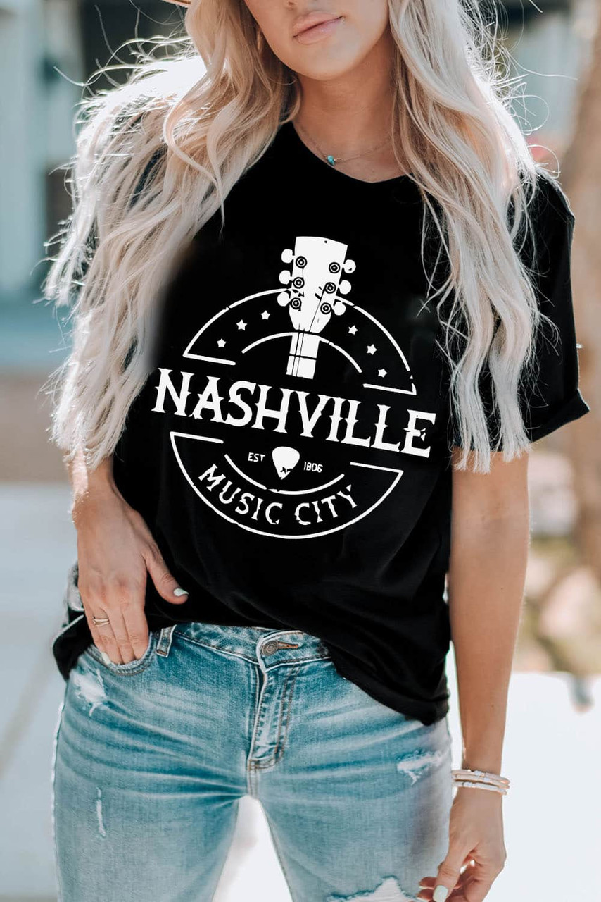 Black NASHVILLE MUSIC CITY Graphic Print Crew Neck T Shirt