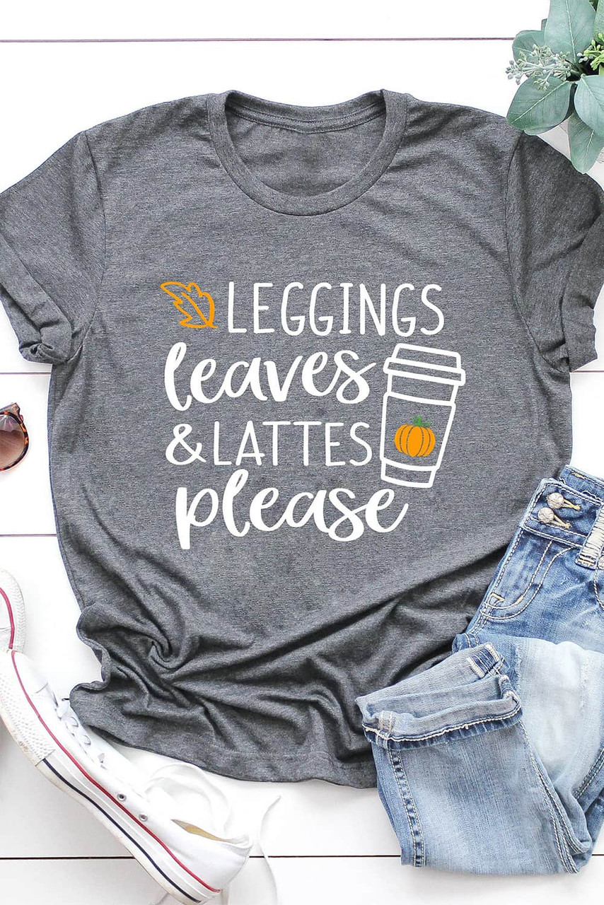Gray Leggings Leaves and Lattes Please Graphic Tee