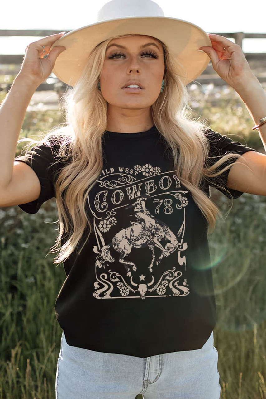 Black Western COWBOY 78 Graphic Crew Neck T Shirt Black Western COWBOY 78 Graphic Crew Neck T Shirt