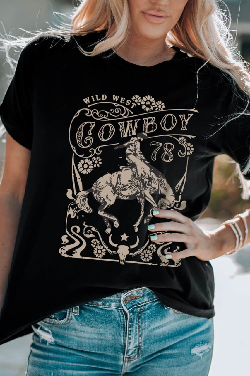 Black Western COWBOY 78 Graphic Crew Neck T Shirt Black Western COWBOY 78 Graphic Crew Neck T Shirt