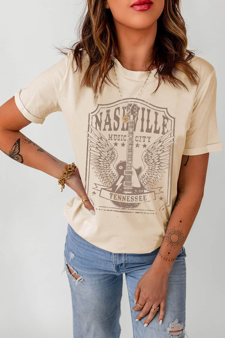 Khaki NASHVILLE MUSIC CITY Guitar Graphic T Shirt