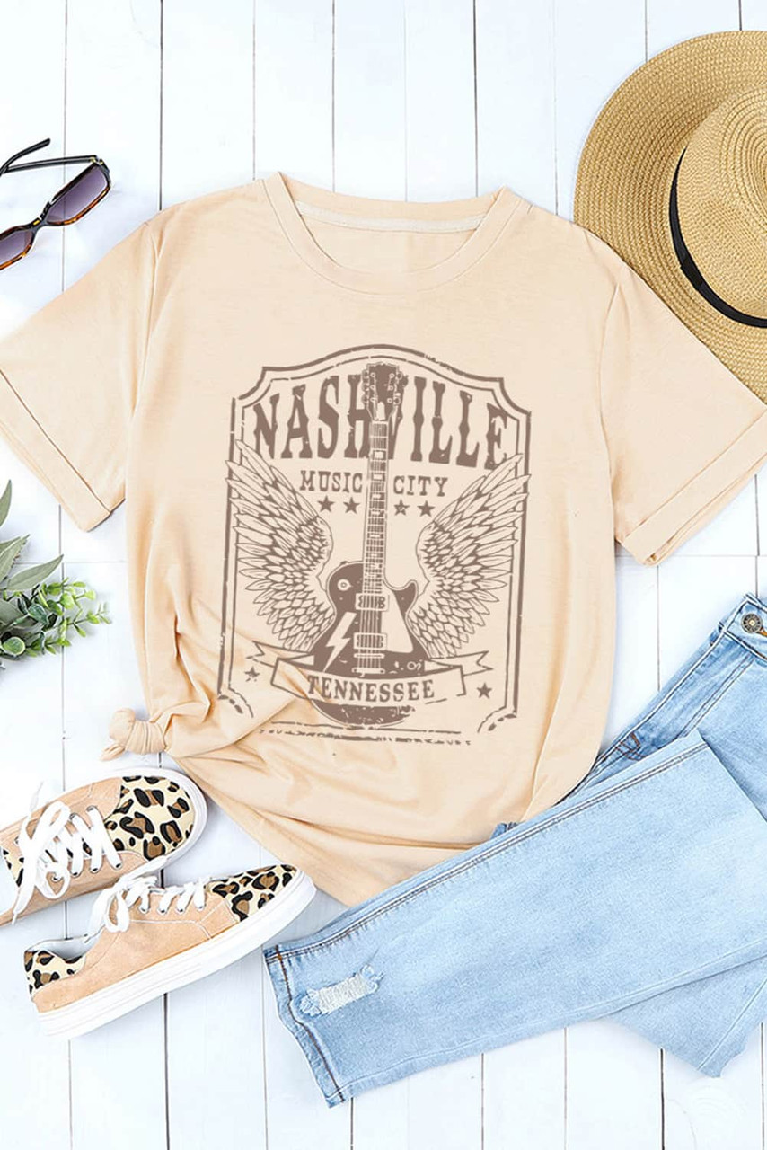 Khaki NASHVILLE MUSIC CITY Guitar Graphic T Shirt