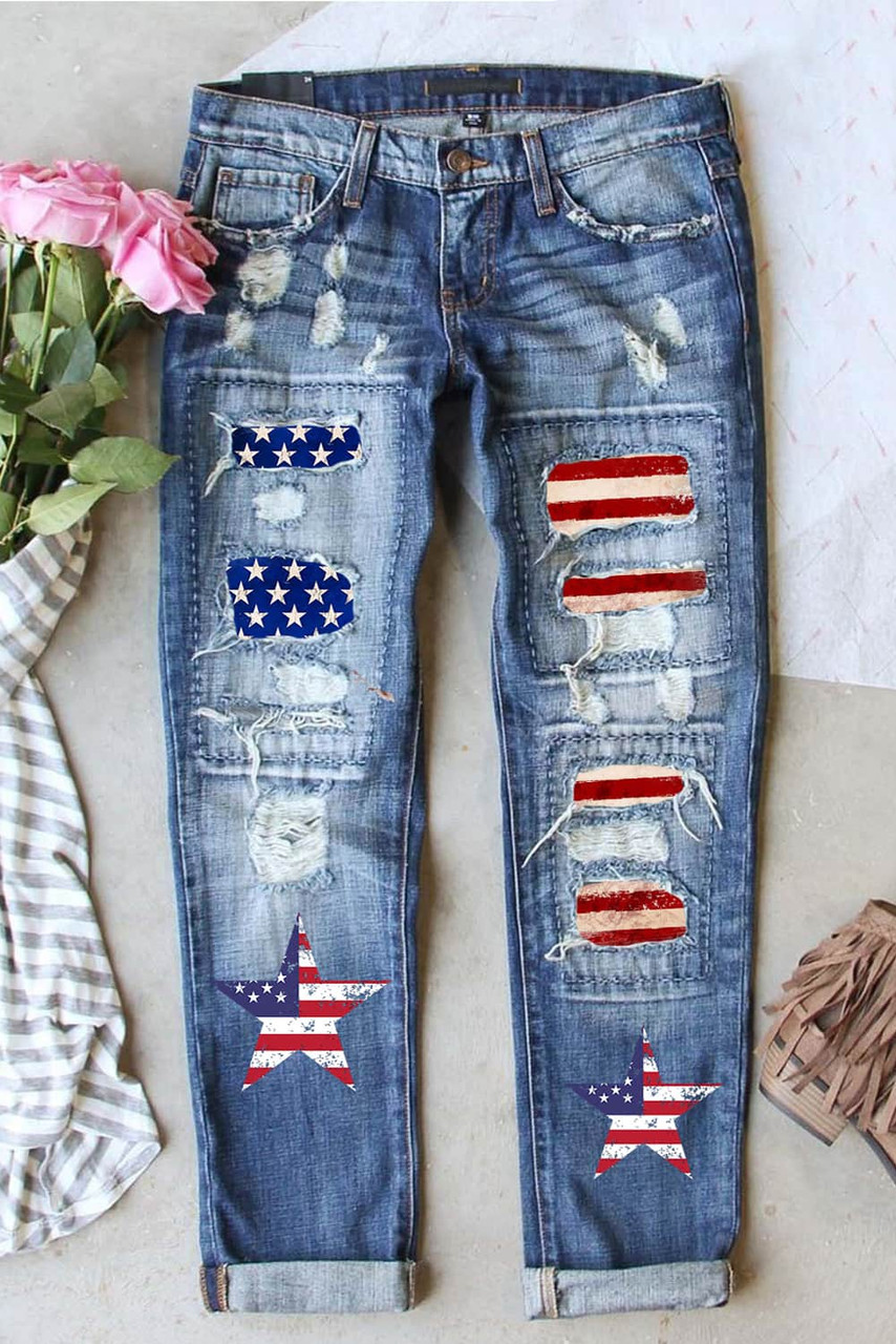 Sky Blue  American Flag Patched Distressed Jeans