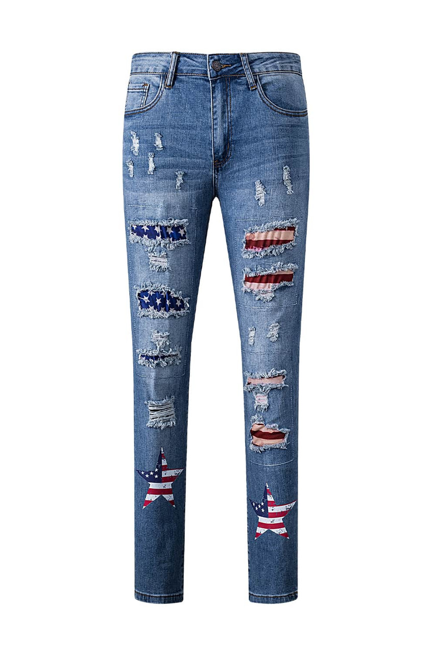 Sky Blue  American Flag Patched Distressed Jeans