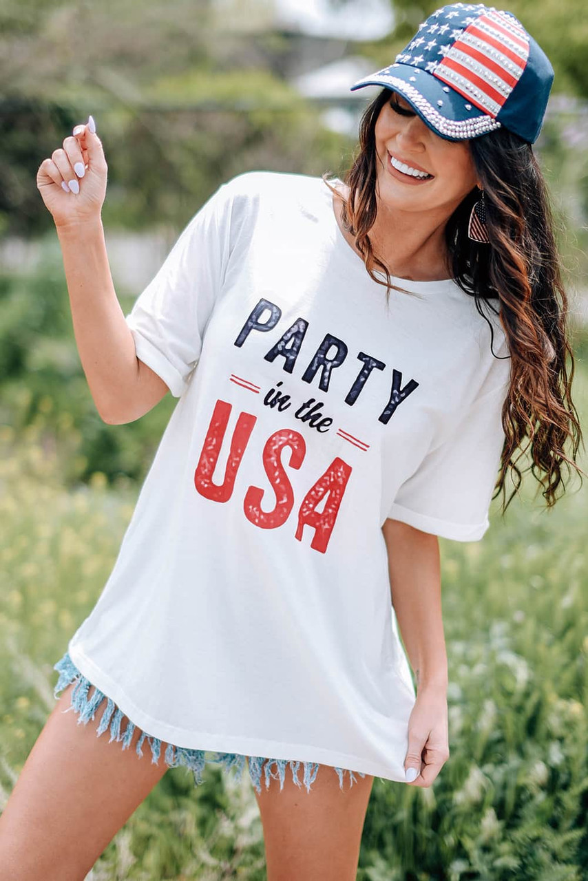 White PARTY In The USA Graphic Crew Neck T Shirt