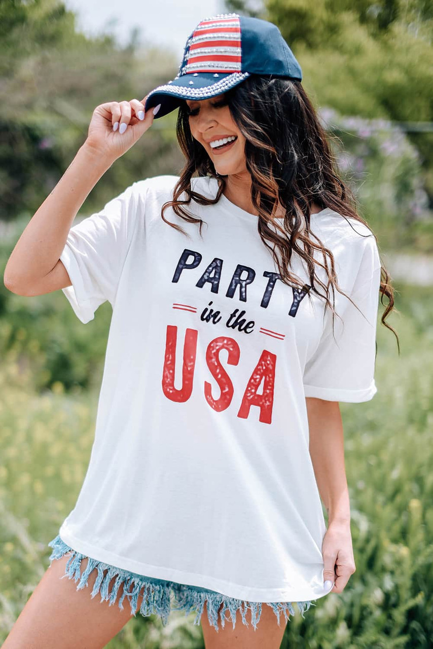 White PARTY In The USA Graphic Crew Neck T Shirt