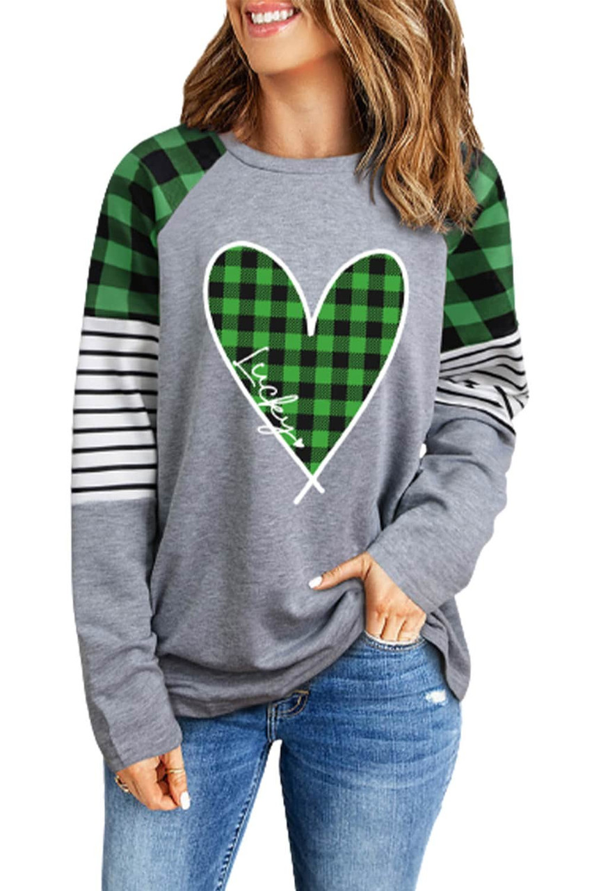 Green Lucky Plaid Heart Striped Color Block Long Sleeve Top Green Lucky Plaid Heart Striped Color Block Long Sleeve Top