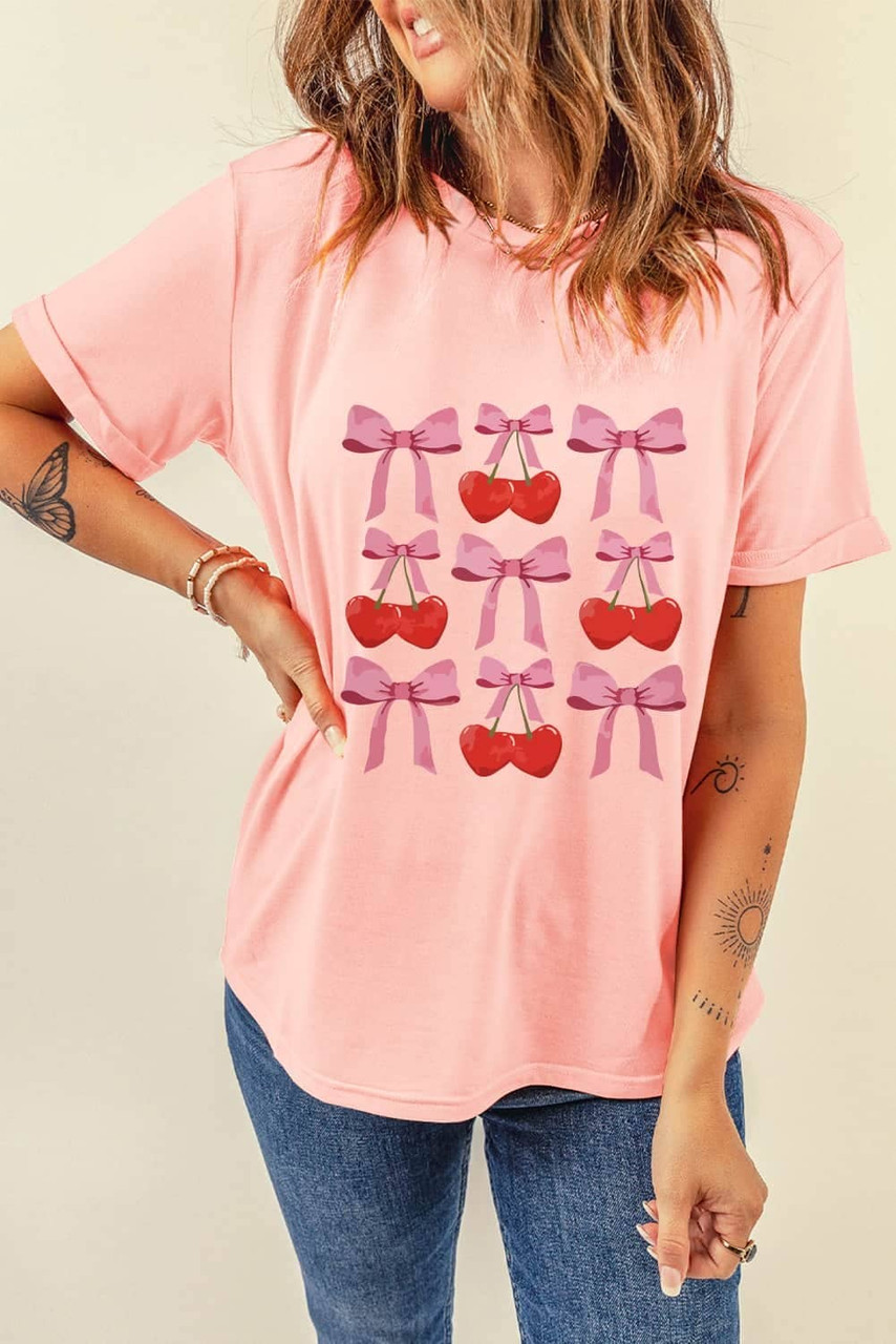 Pink Bow Cherry Print Crew Neck Casual T Shirt Pink Bow Cherry Print Crew Neck Casual T Shirt