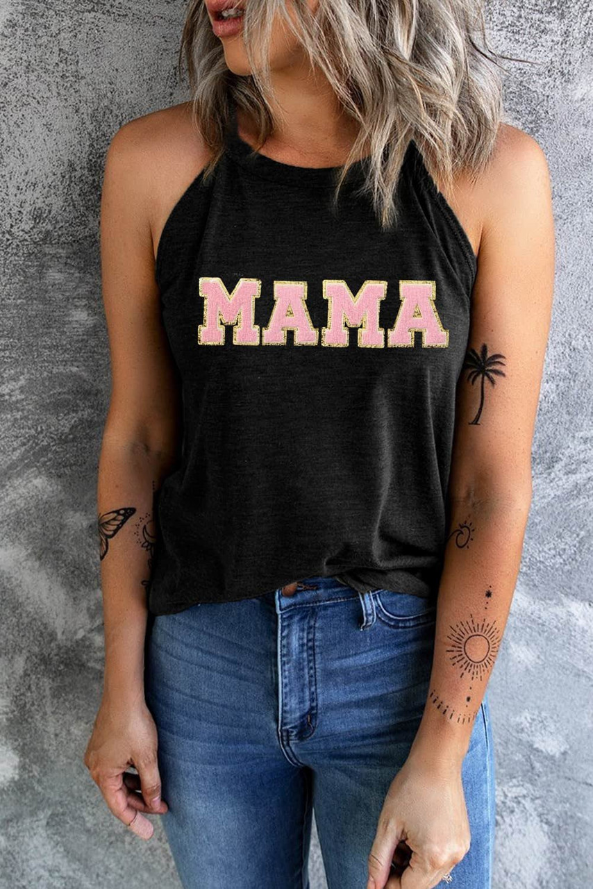 Black MAMA Chenille Patched O Neck Tank Top Black MAMA Chenille Patched O Neck Tank Top