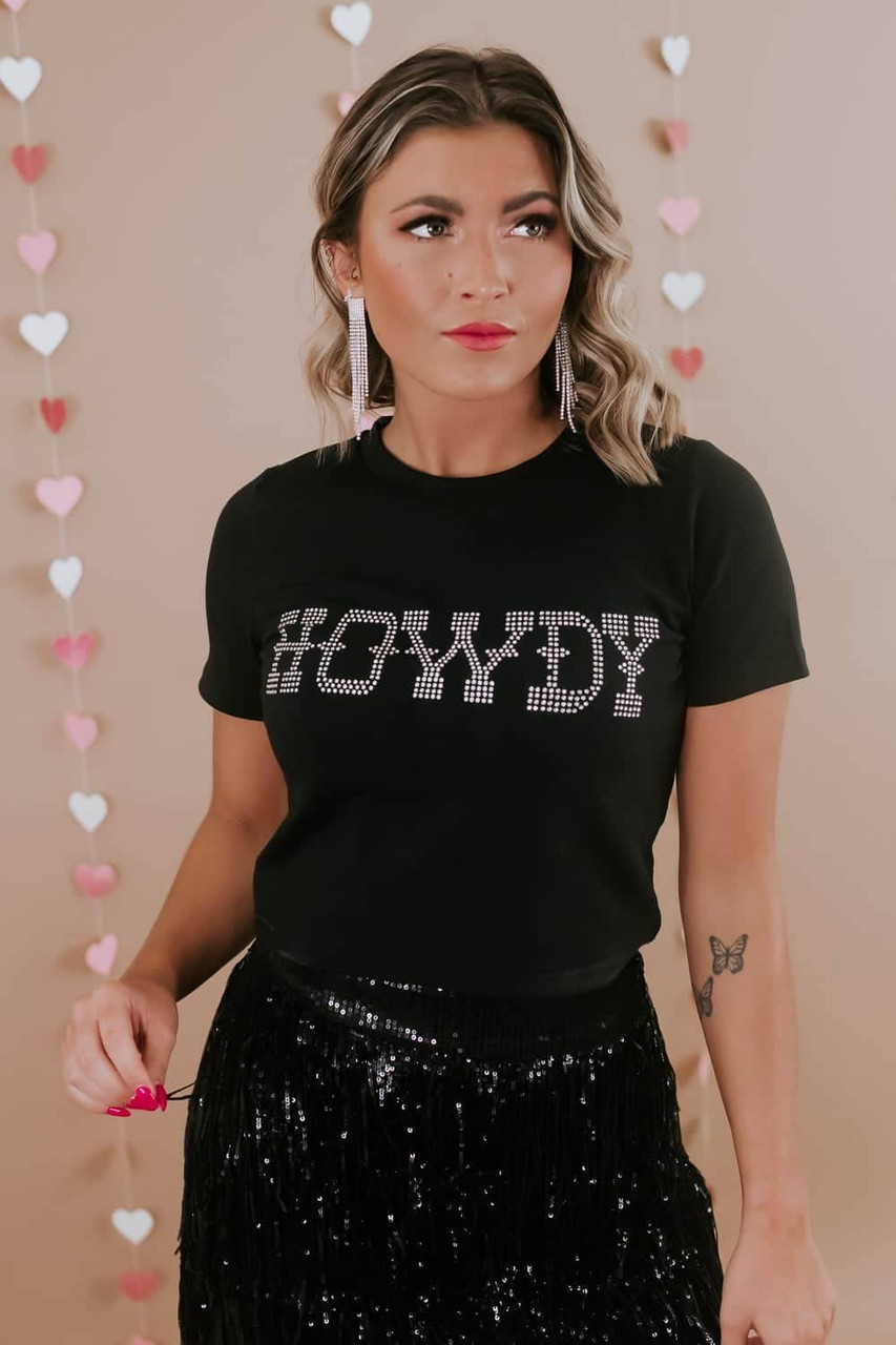 Black HOWDY Rhinestone Slim Fit Crew Neck T Shirt