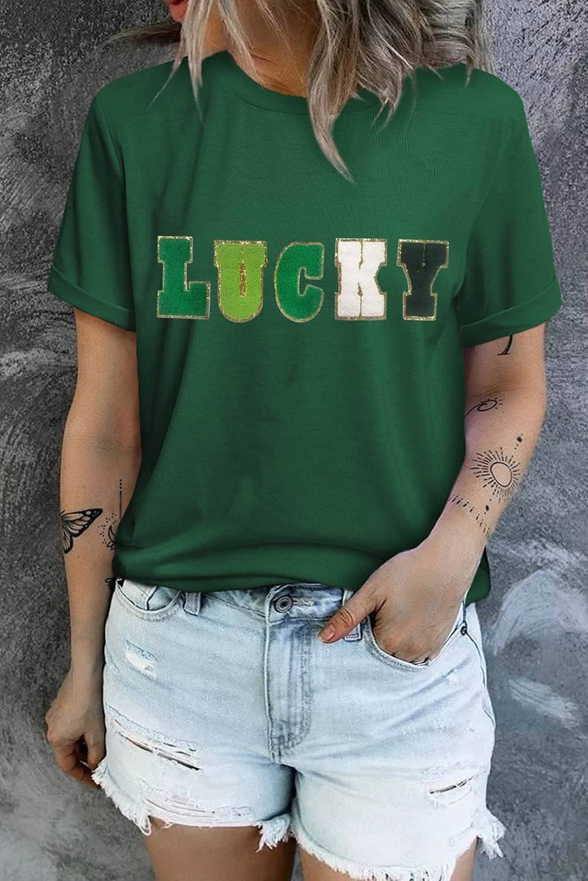 Green LUCKY Glitter Chenille Patched Crew Neck T Shirt Green LUCKY Glitter Chenille Patched Crew Neck T Shirt