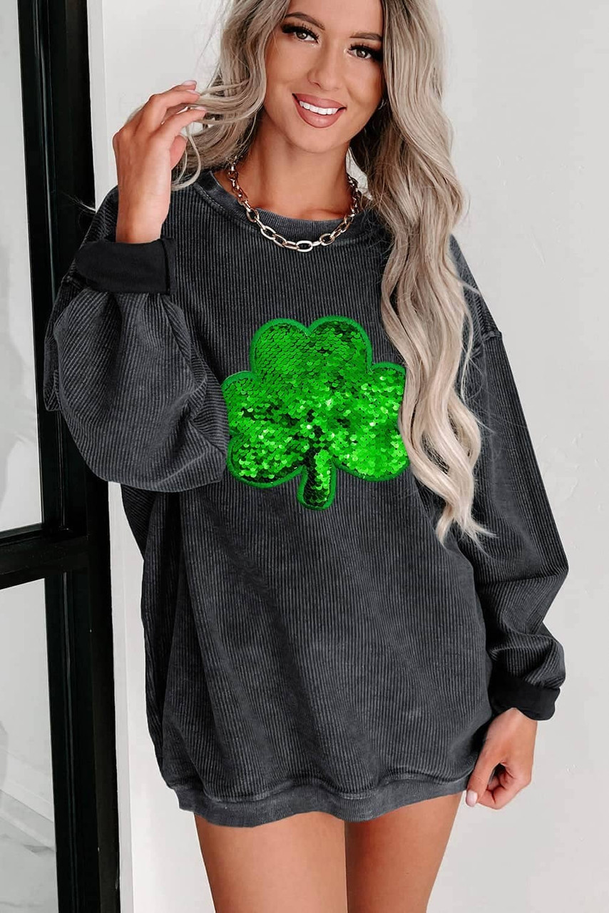 Black Sequin Embroidered Clover Corded Sweatshirt Black Sequin Embroidered Clover Corded Sweatshirt