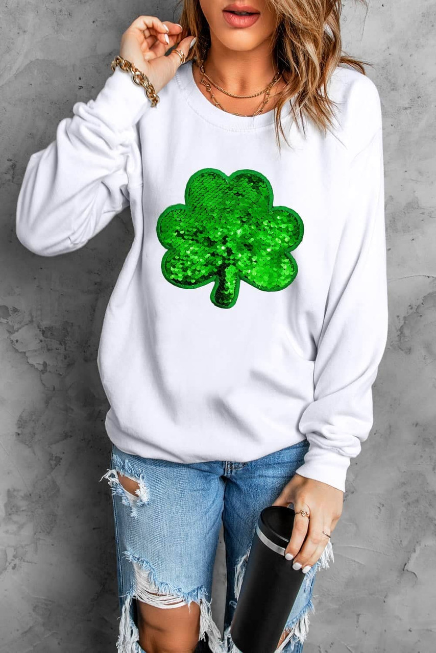 White Sequin Clover Embroidered Drop Shoulder Sweatshirt White Sequin Clover Embroidered Drop Shoulder Sweatshirt