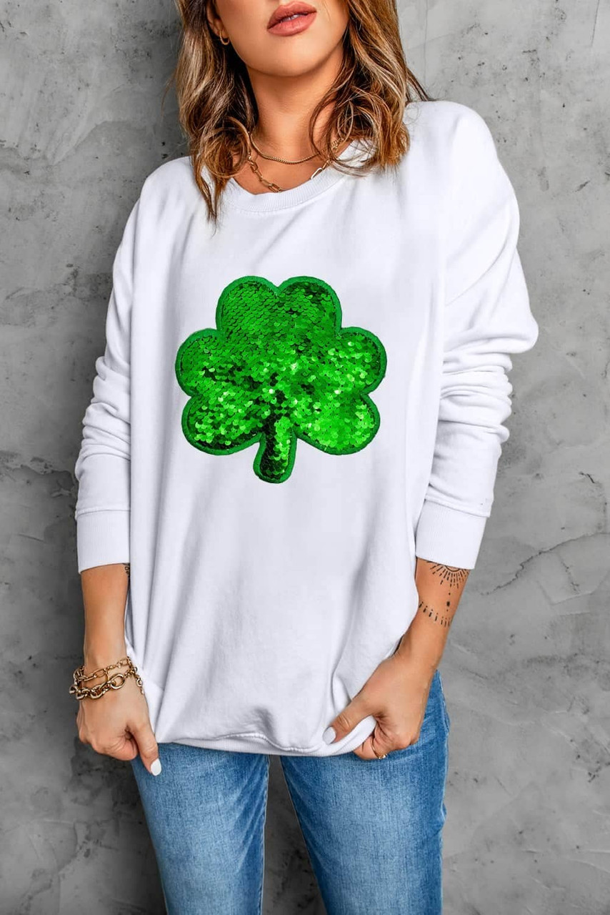White Sequin Clover Embroidered Drop Shoulder Sweatshirt White Sequin Clover Embroidered Drop Shoulder Sweatshirt