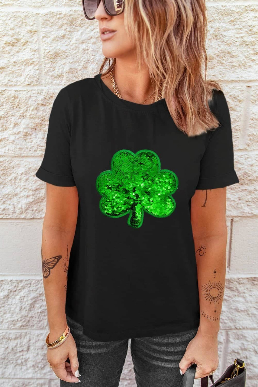 Black Sequin Clover Embroidered Round Neck Graphic Tee Black Sequin Clover Embroidered Round Neck Graphic Tee