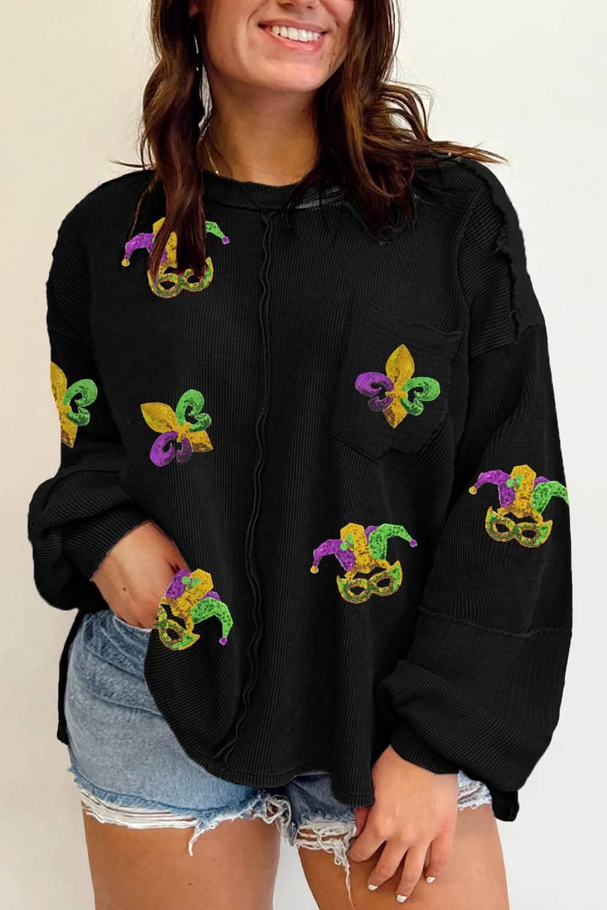Black Plus Size Mardi Gras Patch Crinkle Patchwork Top Black Plus Size Mardi Gras Patch Crinkle Patchwork Top