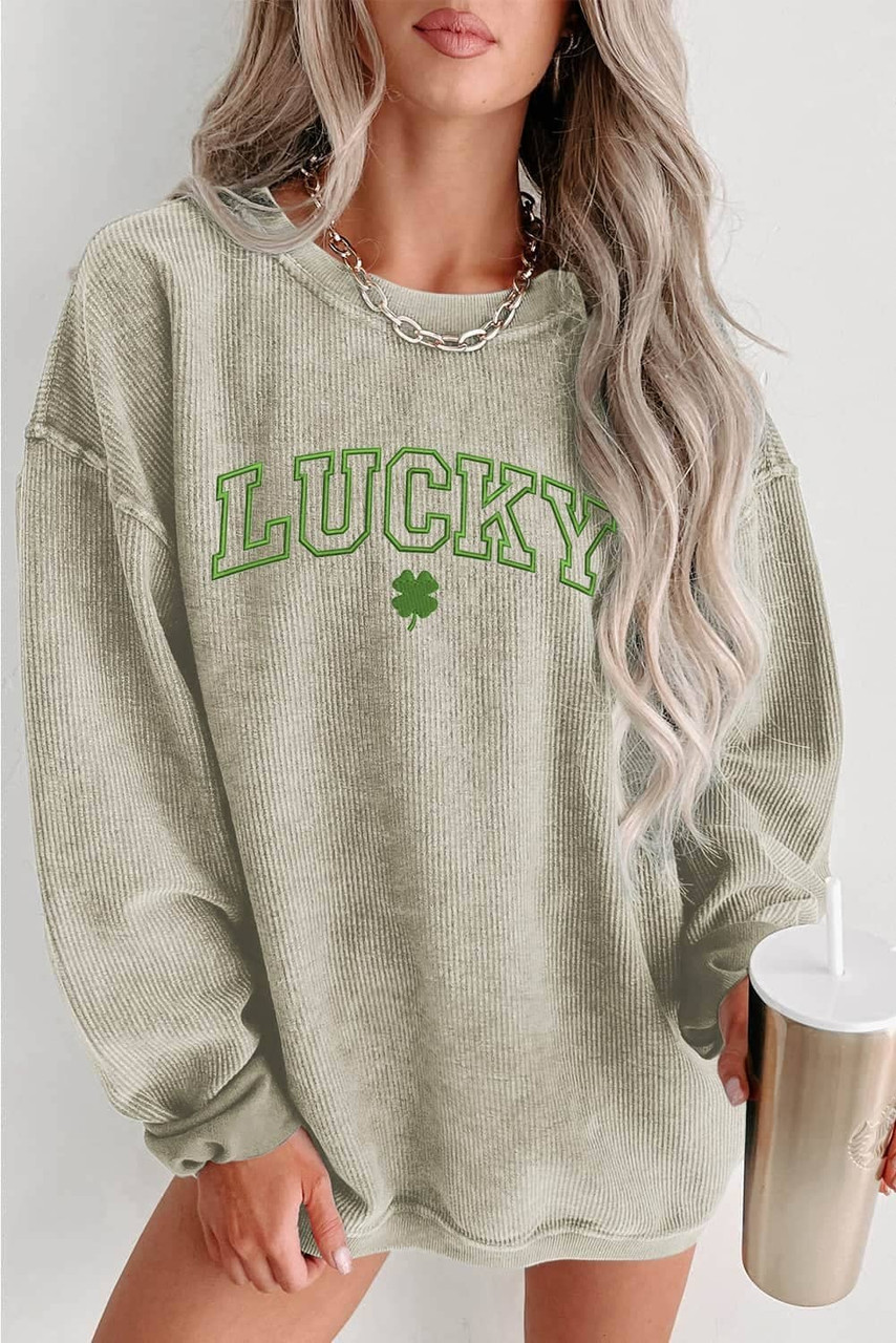 Green LUCKY Clover Embroidered Corded Crewneck Sweatshirt Green LUCKY Clover Embroidered Corded Crewneck Sweatshirt