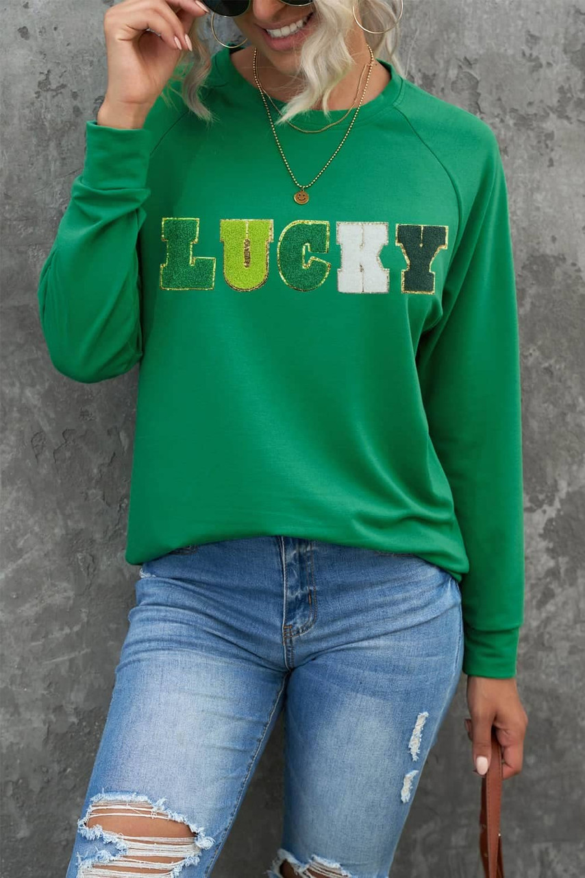 Green St Patricks LUCKY Chenille Embroidered Graphic Sweatshirt Green St Patricks LUCKY Chenille Embroidered Graphic Sweatshirt