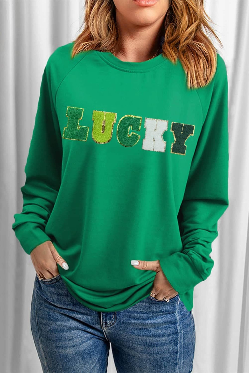 Green St Patricks LUCKY Chenille Embroidered Graphic Sweatshirt Green St Patricks LUCKY Chenille Embroidered Graphic Sweatshirt