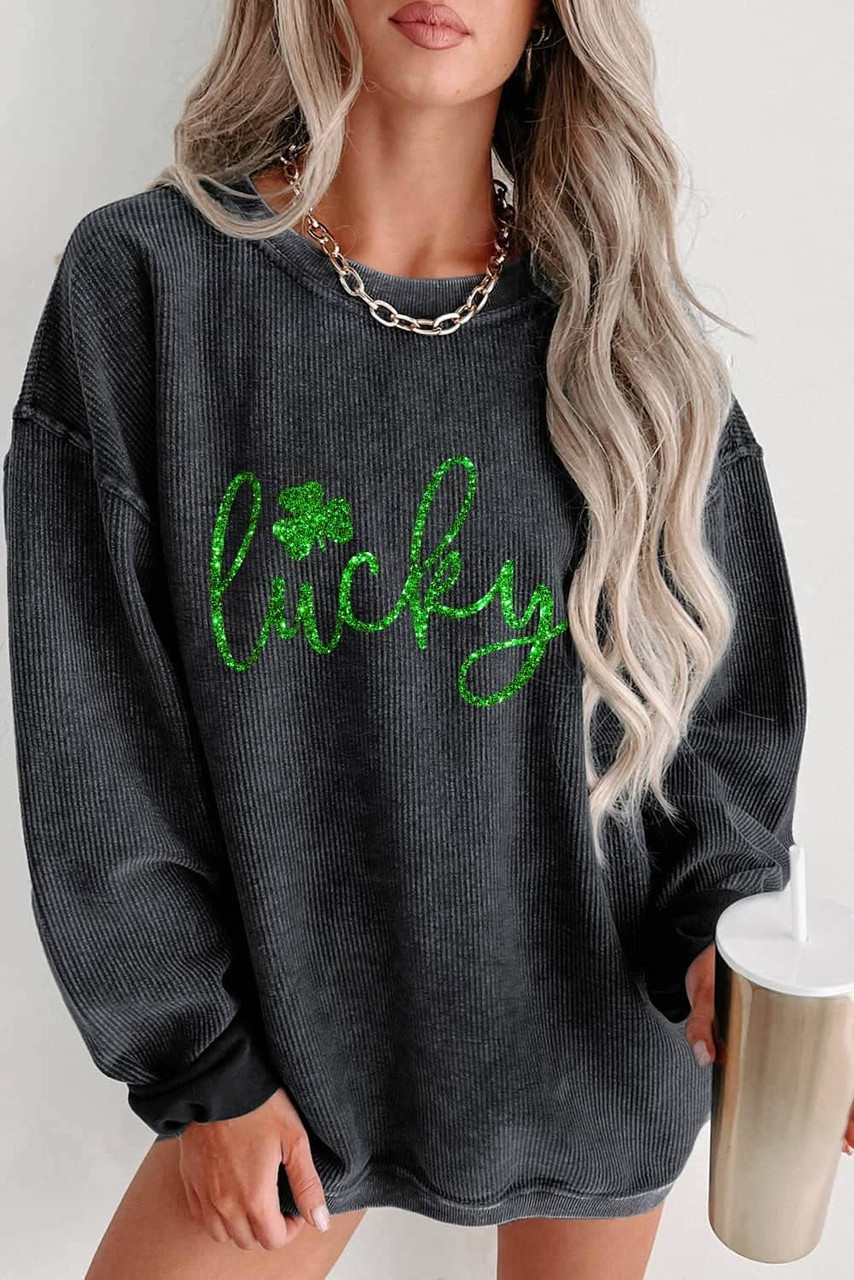Black Shiny Lucky Clover Corded Drop Shoulder Sweatshirt Black Shiny Lucky Clover Corded Drop Shoulder Sweatshirt