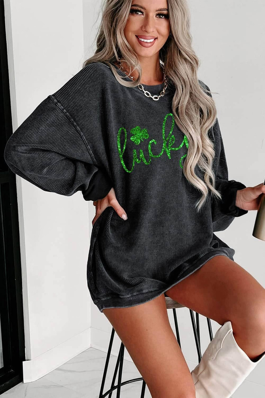 Black Shiny Lucky Clover Corded Drop Shoulder Sweatshirt Black Shiny Lucky Clover Corded Drop Shoulder Sweatshirt