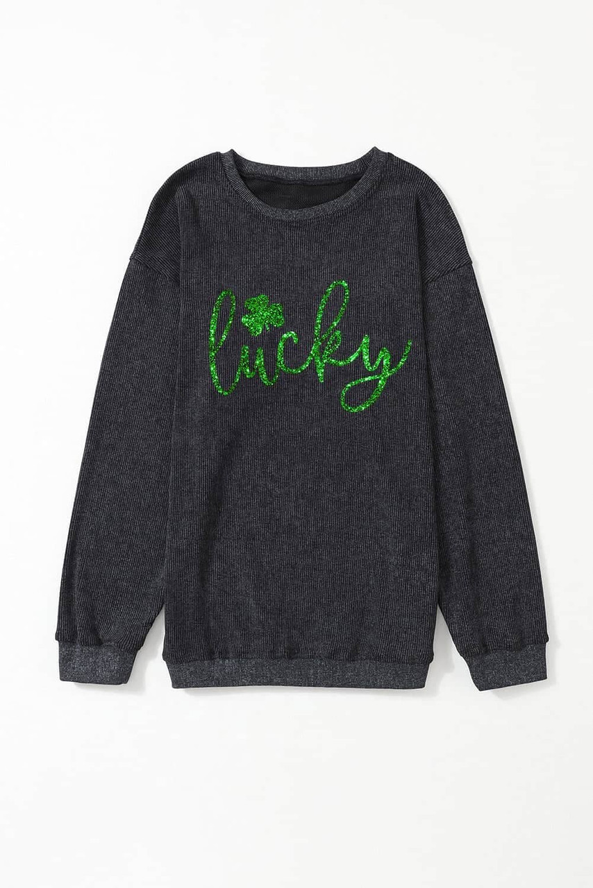 Black Shiny Lucky Clover Corded Drop Shoulder Sweatshirt Black Shiny Lucky Clover Corded Drop Shoulder Sweatshirt