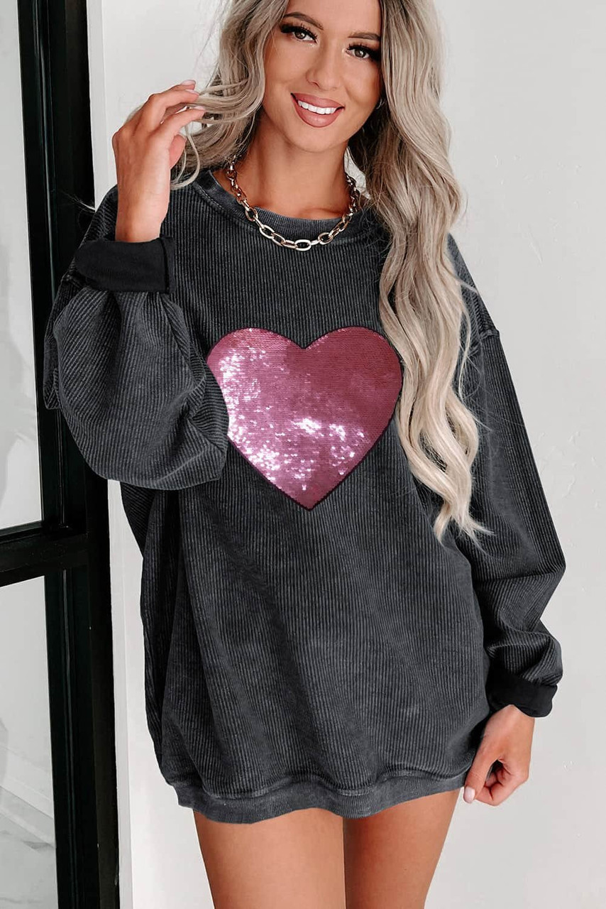 Black Sequin Heart Shaped Crewneck Corded Sweatshirt