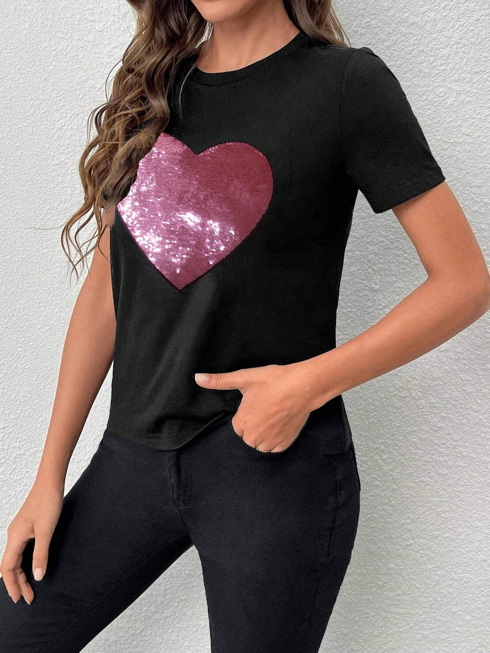 Black Valentine Sequin Heart Shaped Crew Neck T Shirt