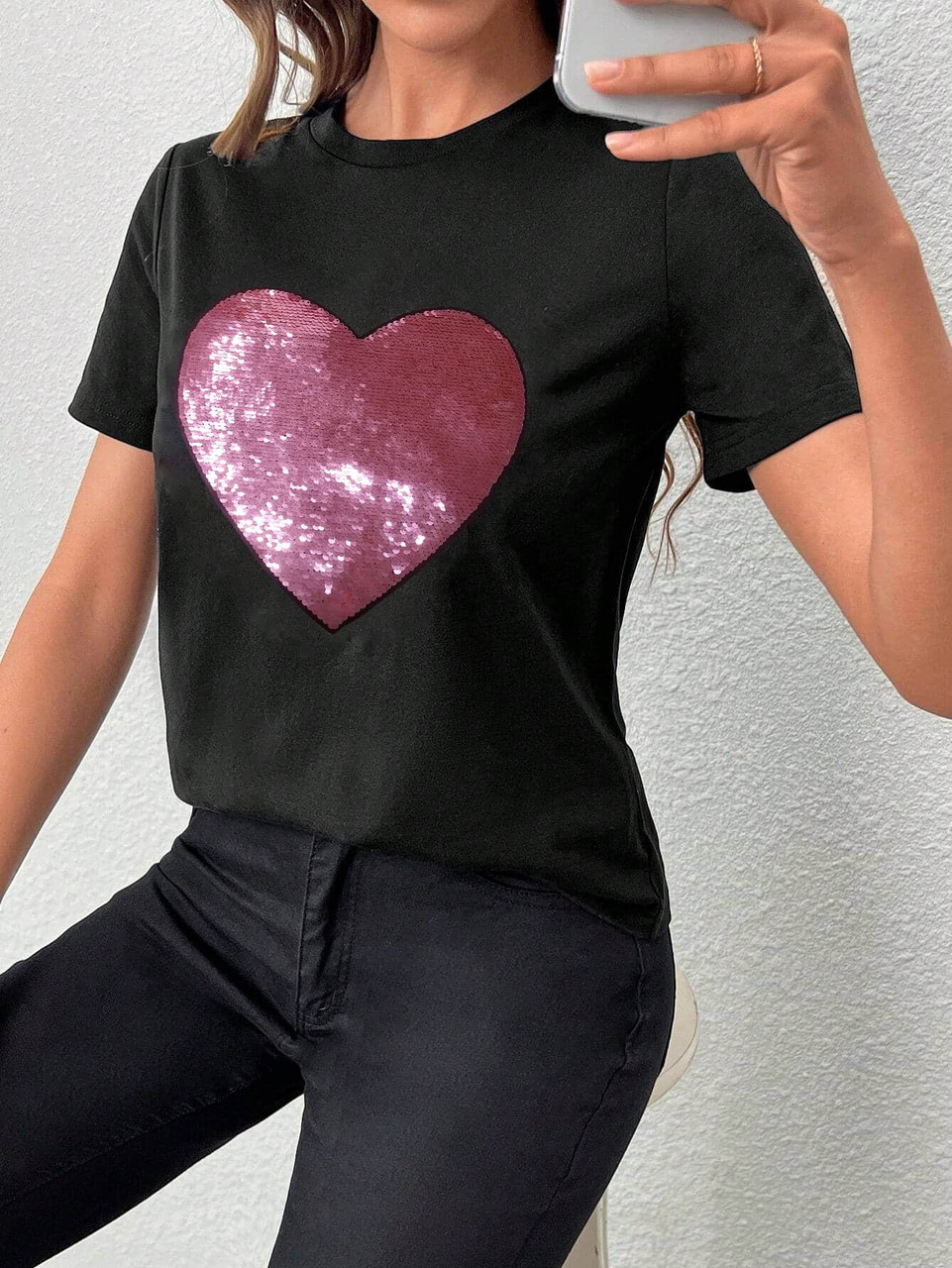 Black Valentine Sequin Heart Shaped Crew Neck T Shirt