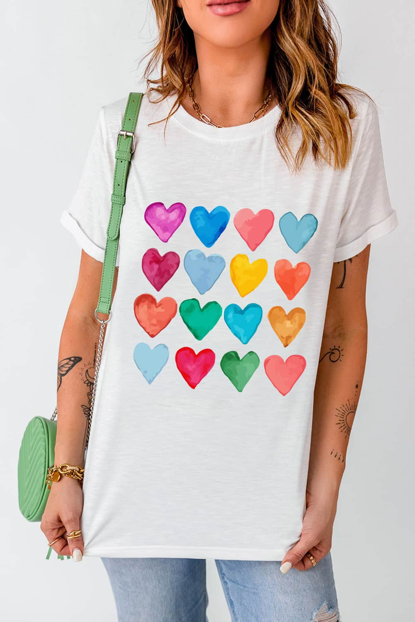 White Colorful Heart Shaped Print Crew Neck T Shirt