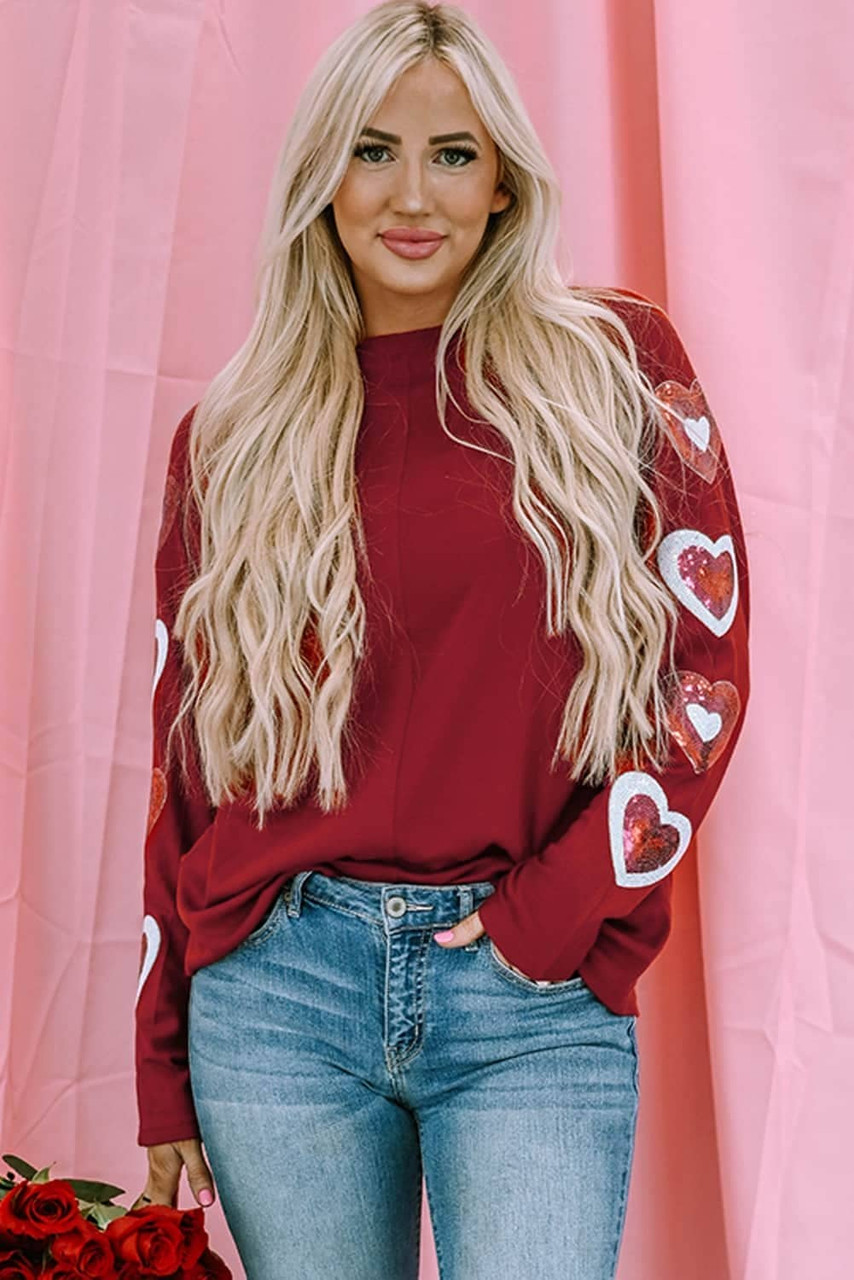 Red Sequined Heart Printed Sleeves Valentine Fashion Top Red Sequined Heart Printed Sleeves Valentine Fashion Top
