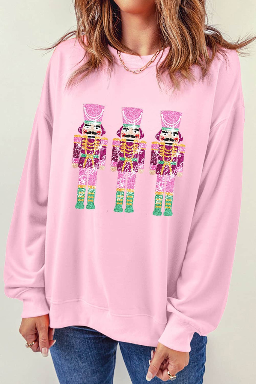 Pink Christmas Sequined Neon Nutcrackers Crewneck Sweatshirt