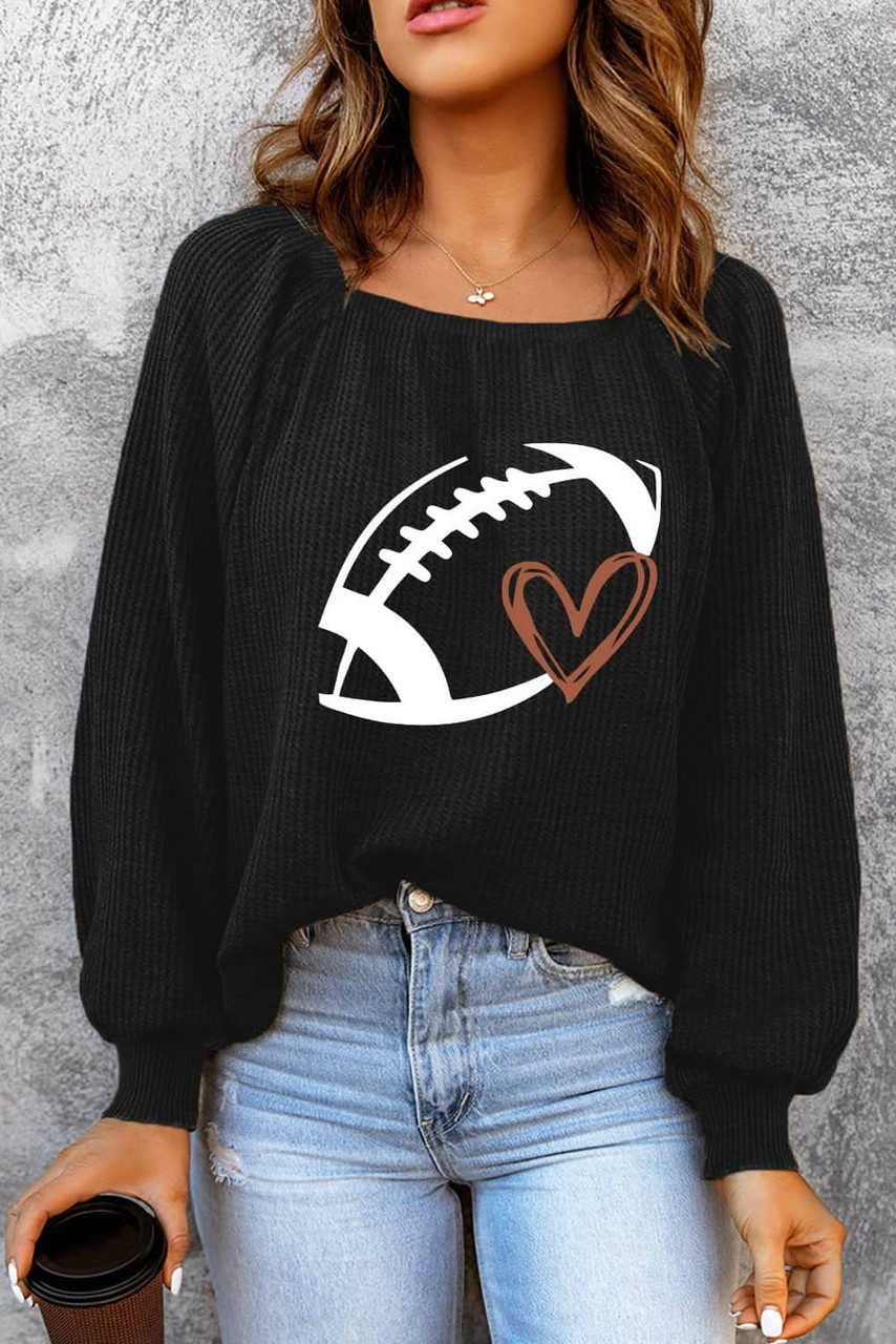 Black Rugby Print Square Neck Puff Sleeve Waffle Top Black Rugby Print Square Neck Puff Sleeve Waffle Top