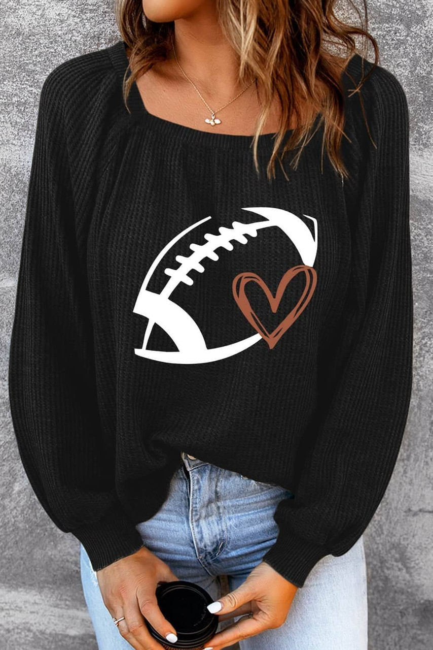 Black Rugby Print Square Neck Puff Sleeve Waffle Top Black Rugby Print Square Neck Puff Sleeve Waffle Top