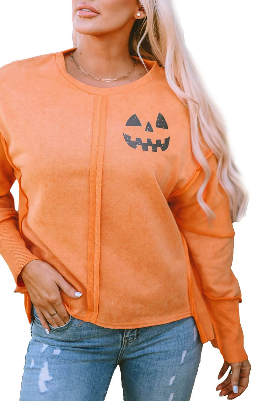 Orange Halloween Pumpkin Face Exposed Seam Patchwork Sweatshirt