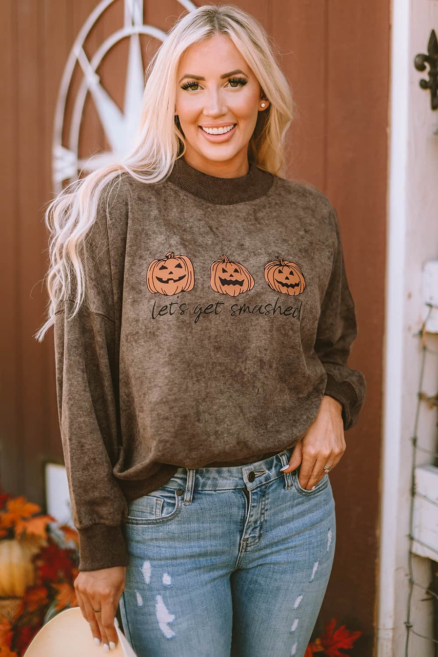 Brown Let's Get Smashed Halloween Pumpkin Graphic Sweatshirt