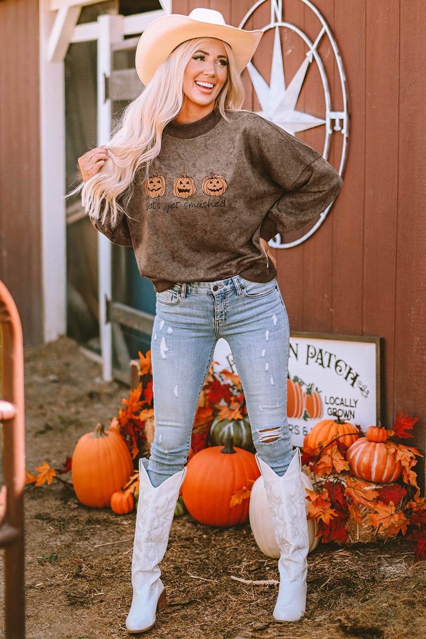 Brown Let's Get Smashed Halloween Pumpkin Graphic Sweatshirt