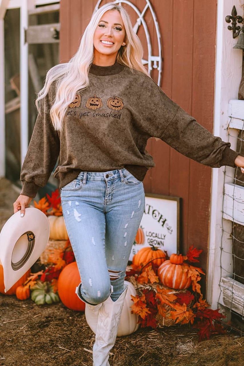 Brown Let's Get Smashed Halloween Pumpkin Graphic Sweatshirt