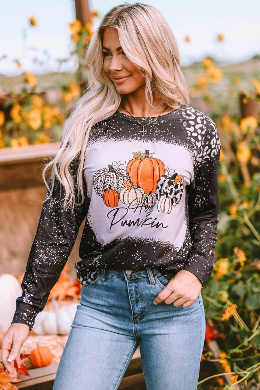 Black Leopard Bleached Pumpkin Graphic Long Sleeve Top