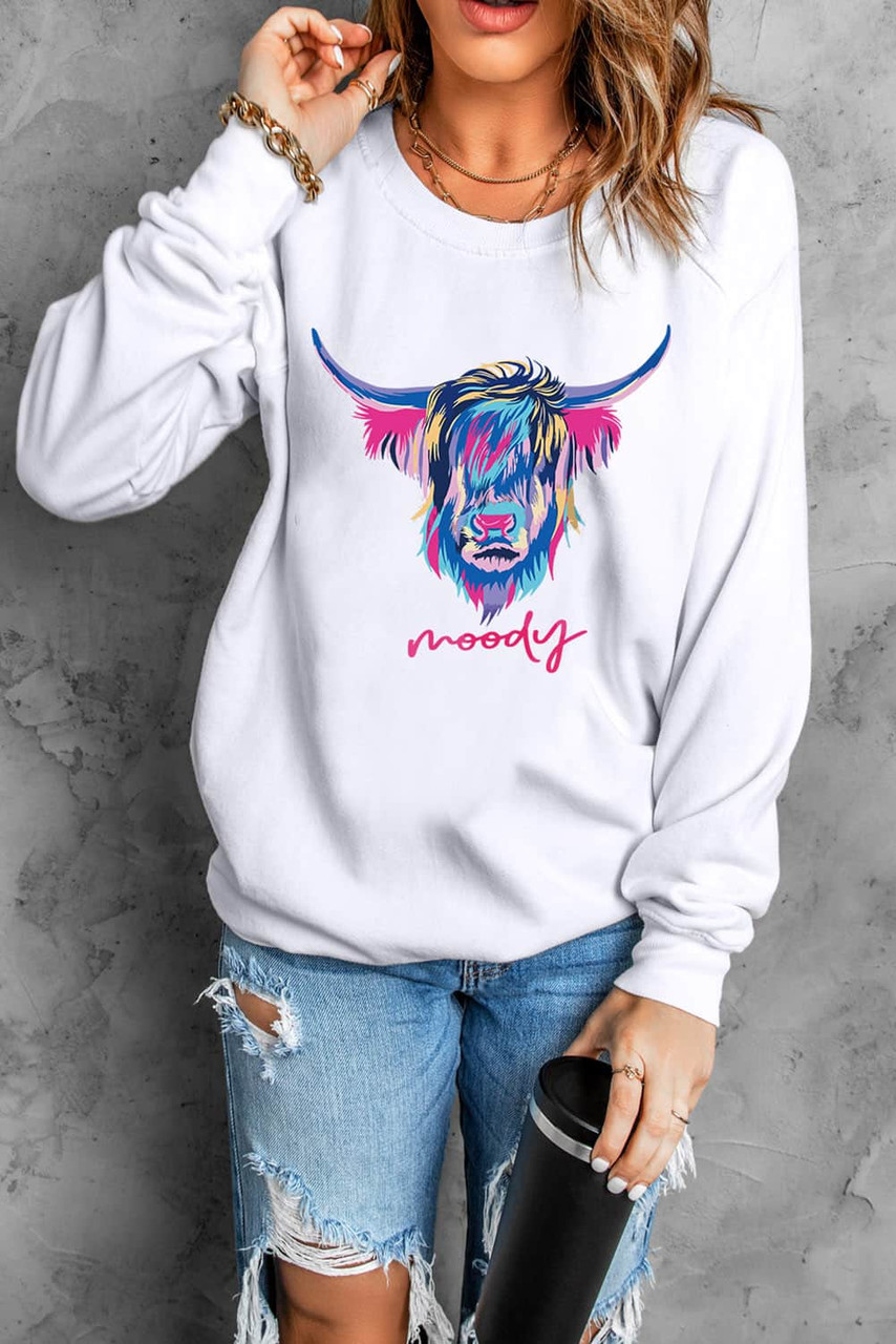 White Cool Highland Heifer Moody Graphic Sweatshirt