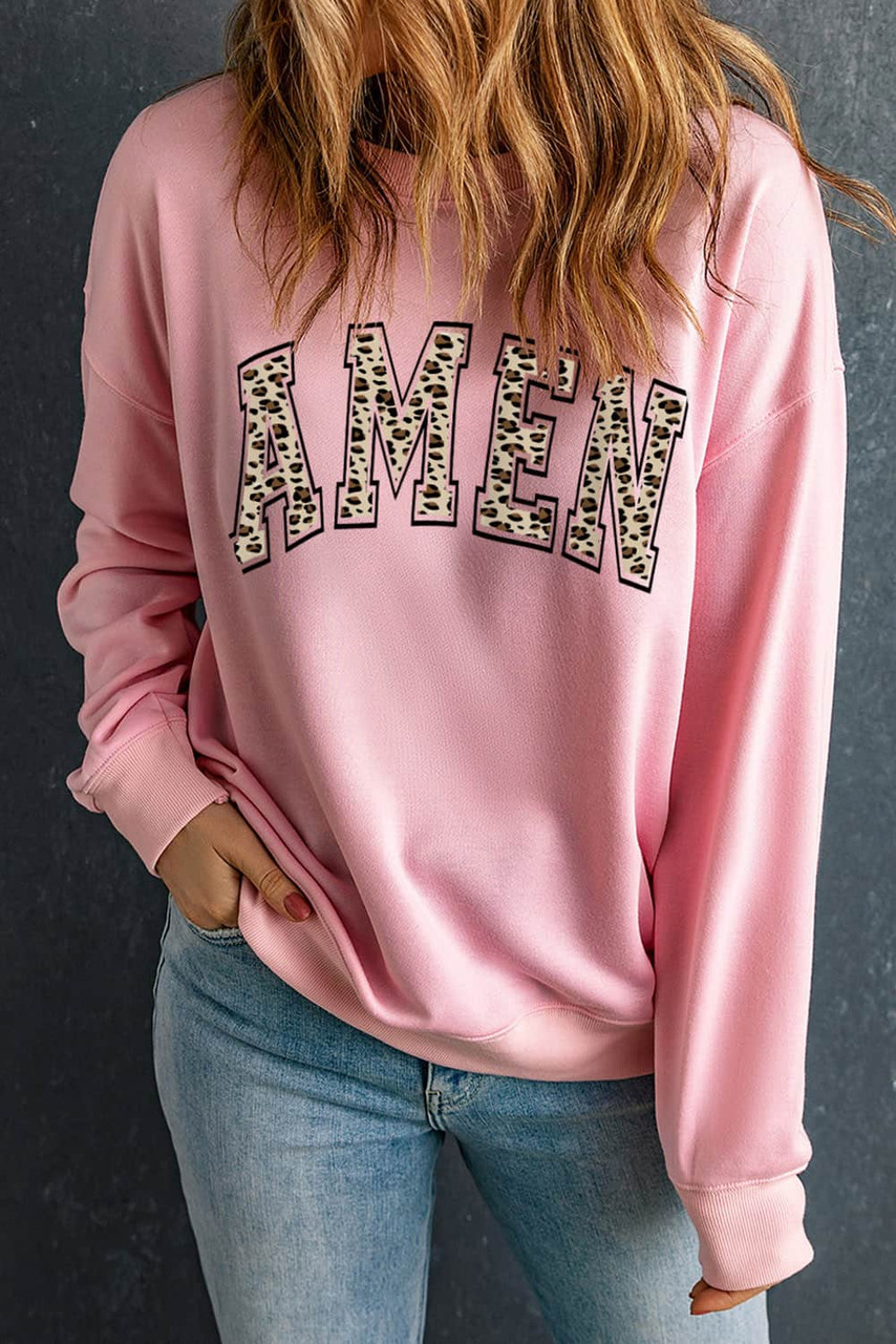 Pink Leopard AMEN Graphic Pullover Sweatshirt