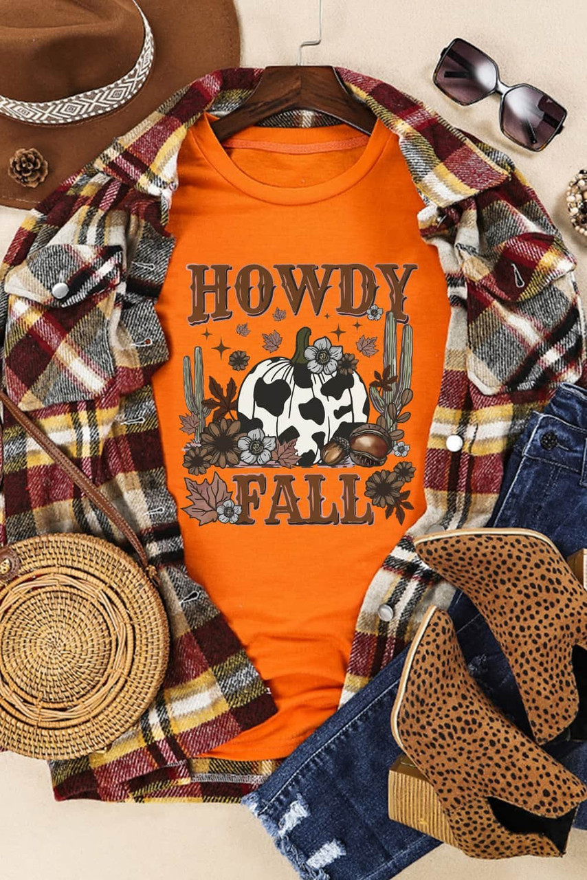 Orange HOWDY FALL Western Pumpkin Graphic T Shirt