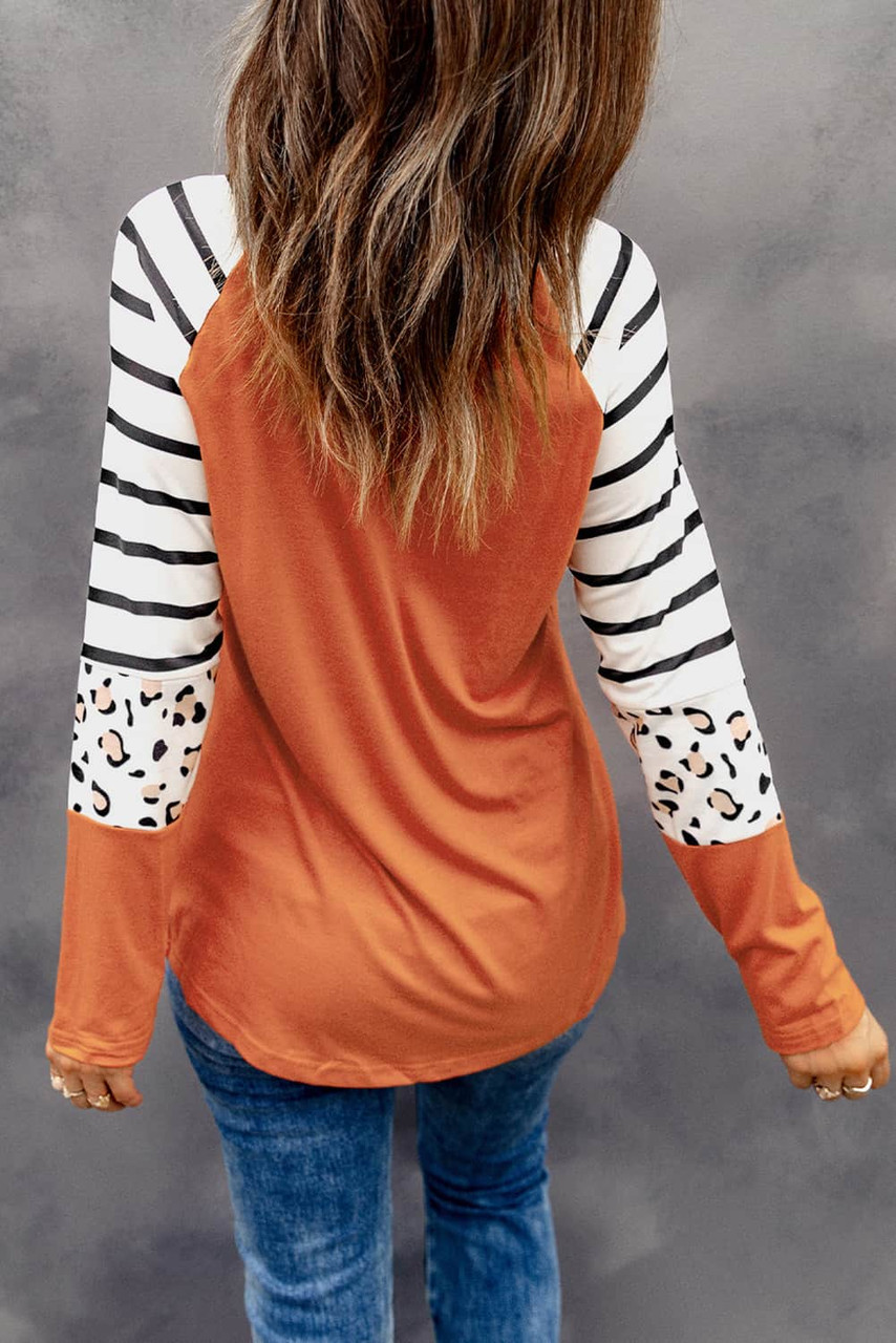 Orange Leopard Pumpkin Graphic Contrast Long Sleeve Top