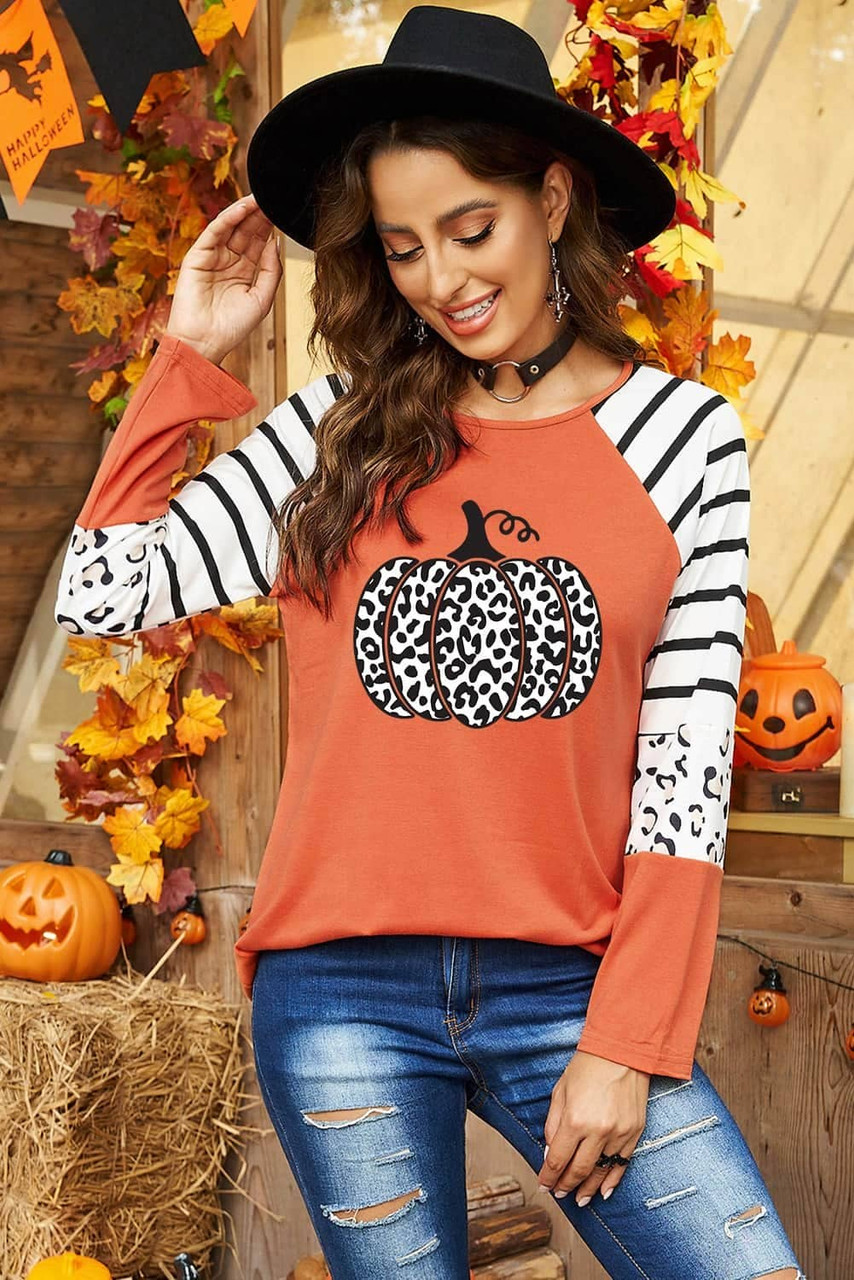 Orange Leopard Pumpkin Graphic Contrast Long Sleeve Top