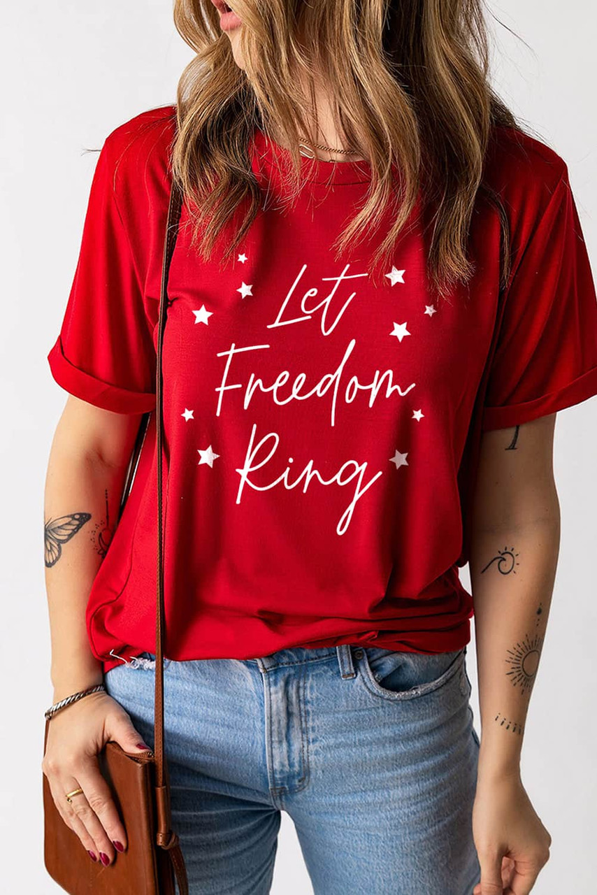 Fiery Red Let Freedom Ring Stars Print T Shirt