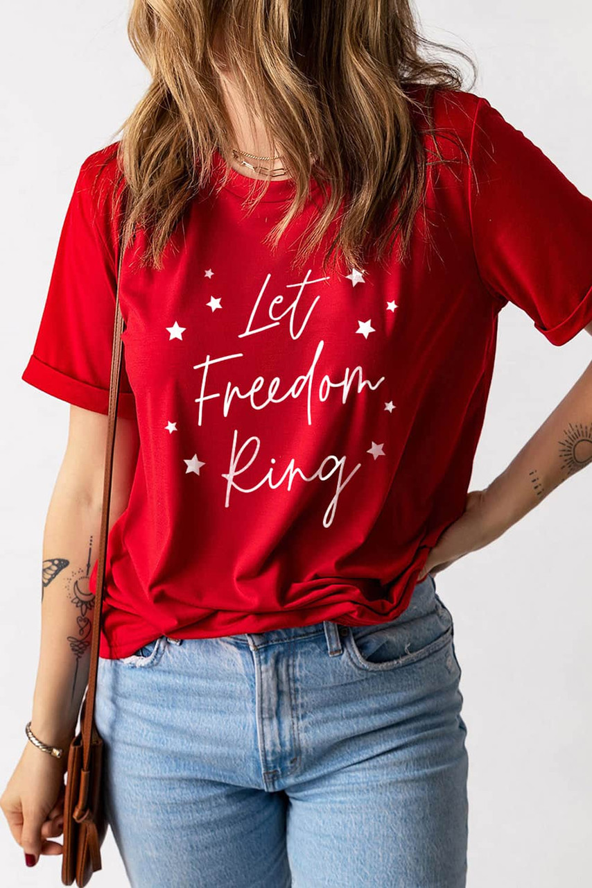 Fiery Red Let Freedom Ring Stars Print T Shirt