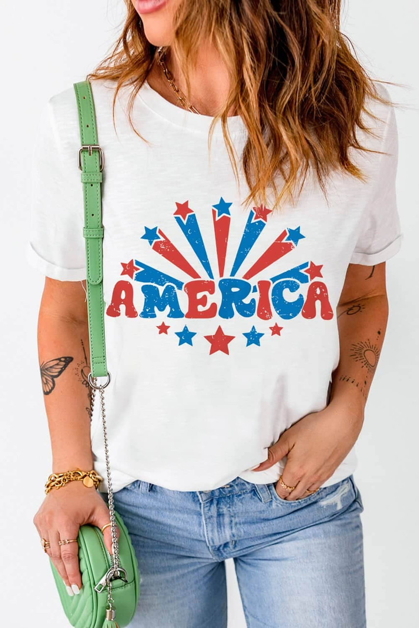 White AMERICA Star Graphic Round Neck Tee