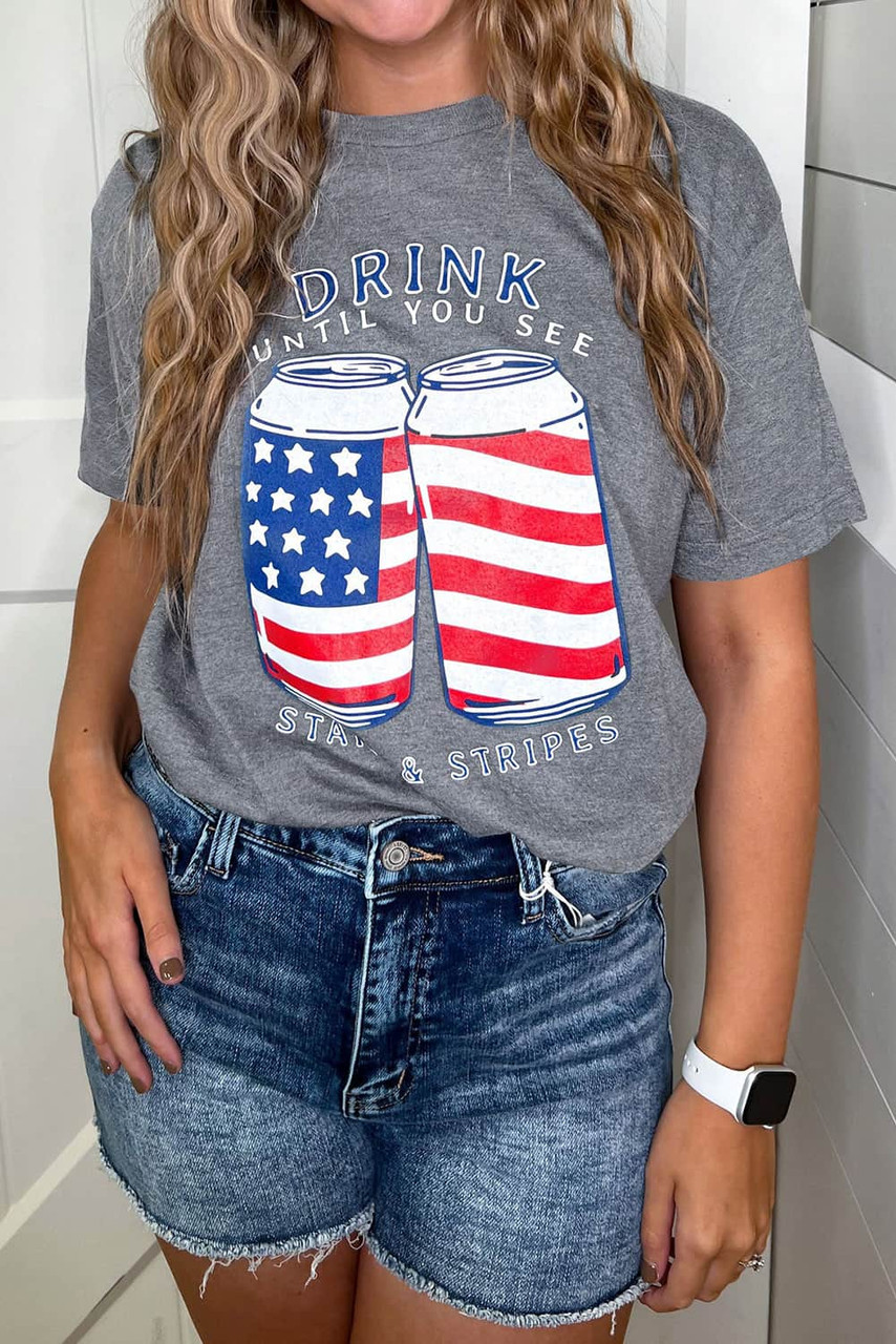 Gray USA Flag Drink Cans Slogan Graphic Tee
